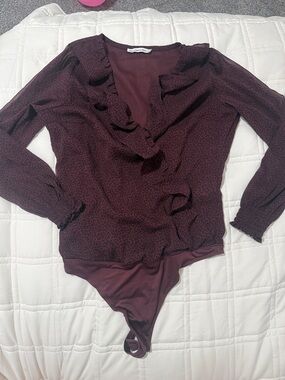 Abercrombie & Fitch Burgundy Ruffle Wrap Bodysuit